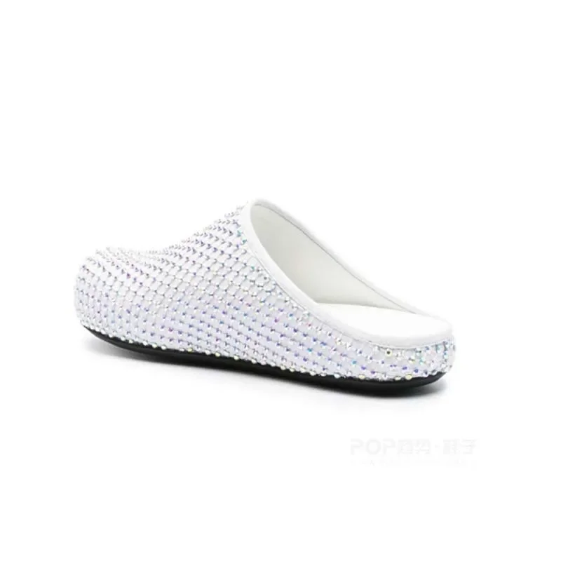 Chinelos de strass personalizados tamanho grande dedo do pé redondo preto e branco apartamentos mulheres sapatos dedo do pé redondo sandalias mujer verano