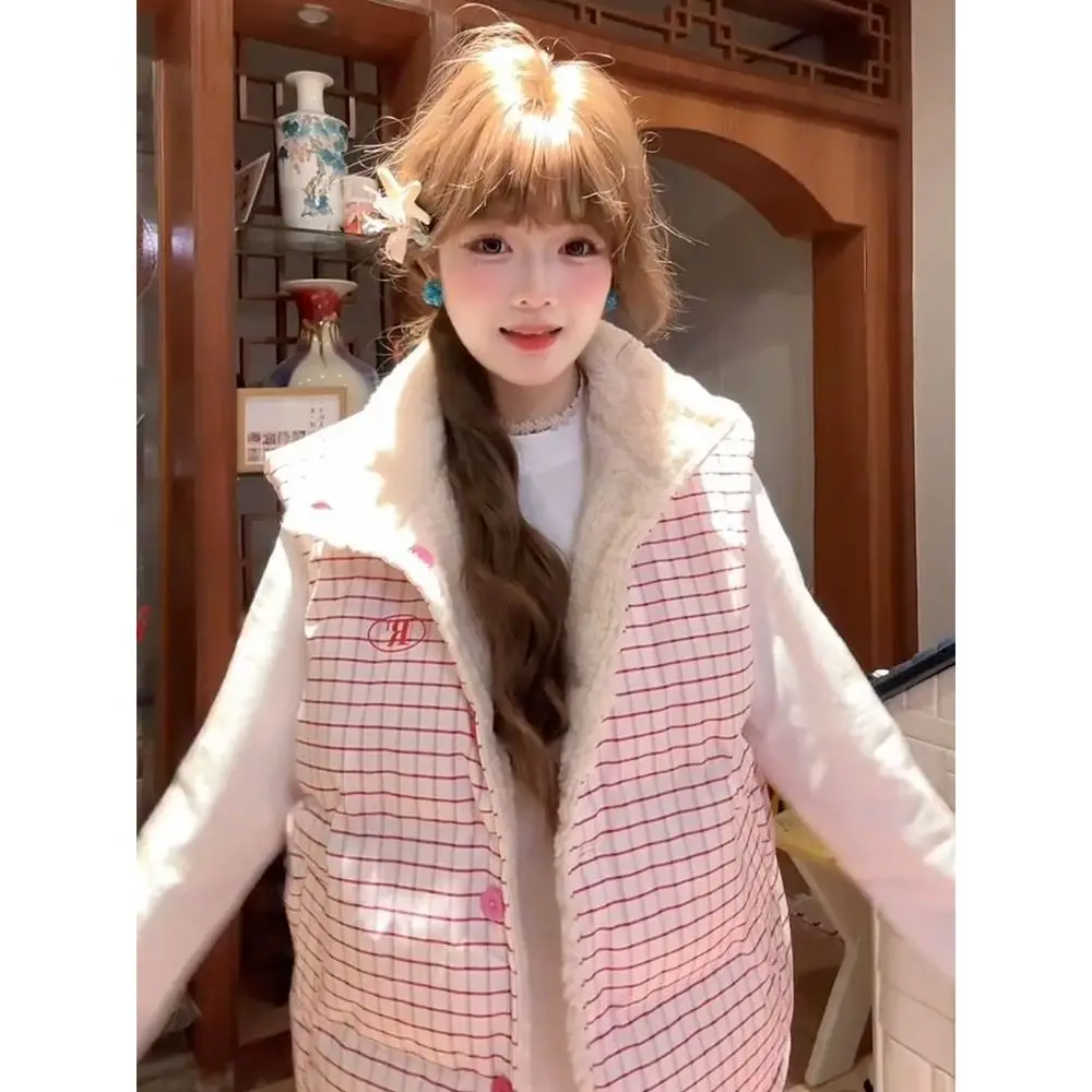 

Double-Sided Wearable Plaid Lamb Fur Vest College Sle Anti-Aging Warmth Outerwear for Women Ci Commuting Daily Use