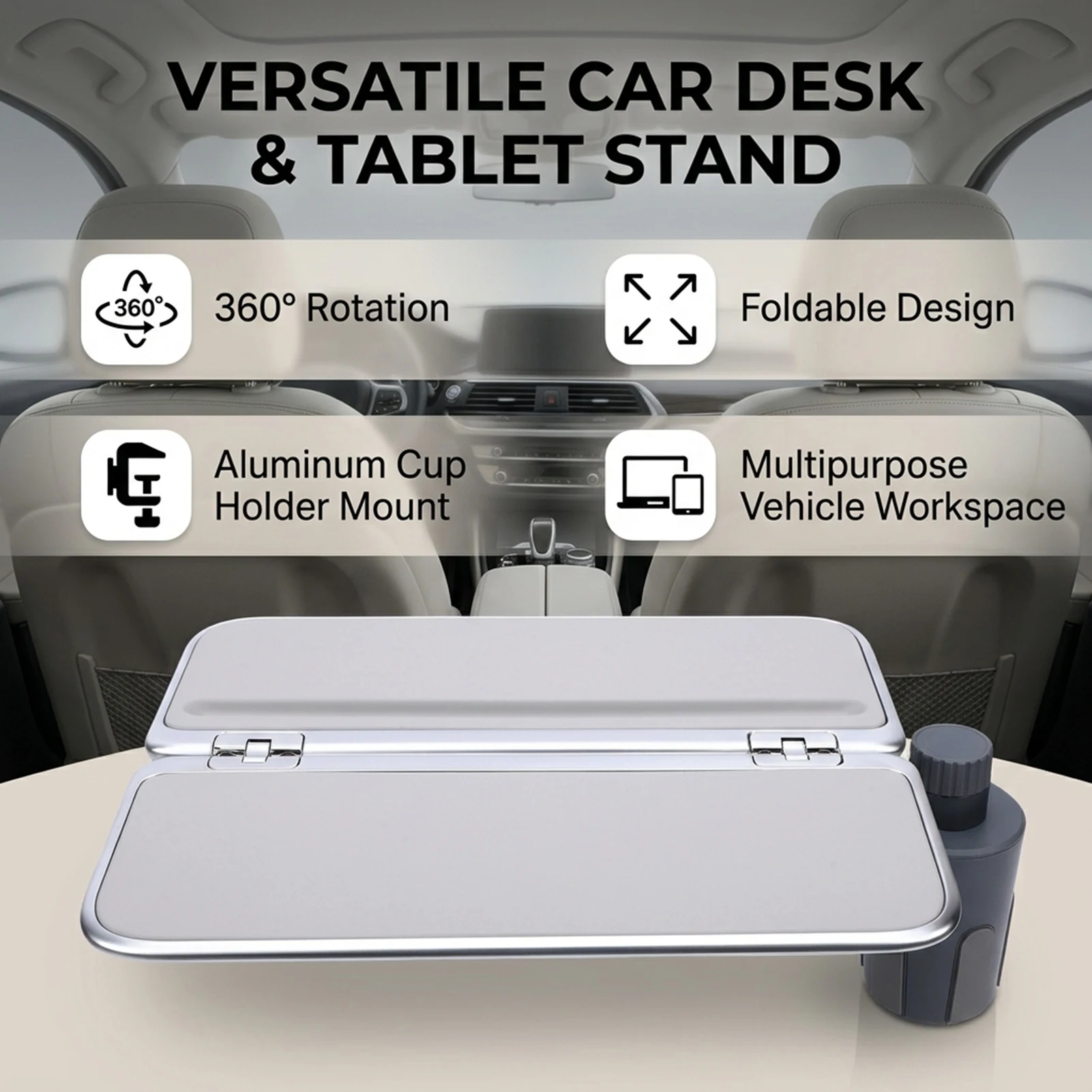Foldable Car Tray Car Desk for Laptop Car Food Tray Aluminum Alloy Cup Holder 360° Rotating Car Food Tray with Phone Stand