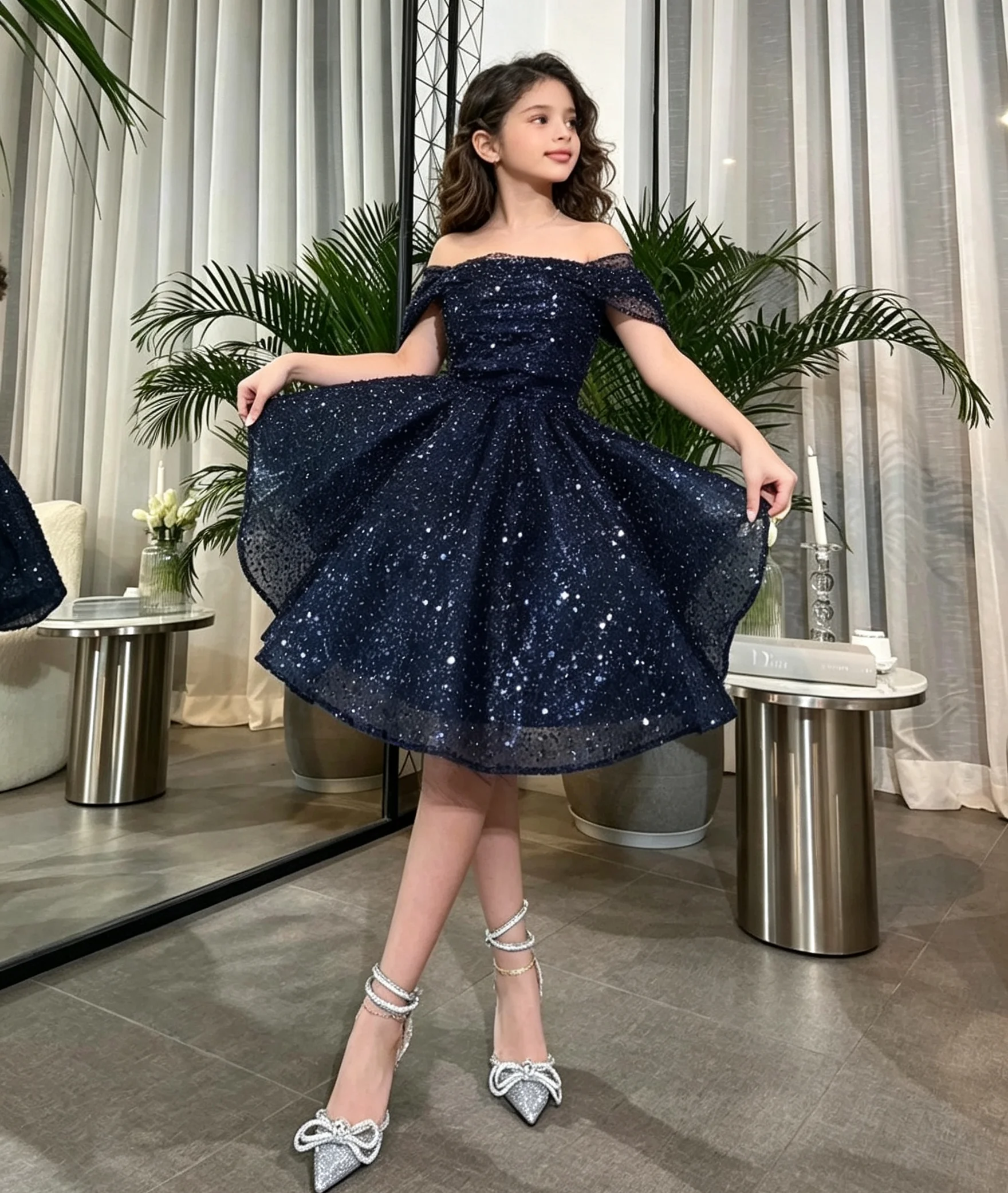 Shiny Flower Girl Dresses for Wedding Off Shoulder Puffy Knee Lenght Kids Birthday Party First Communion Ball Gown Custom