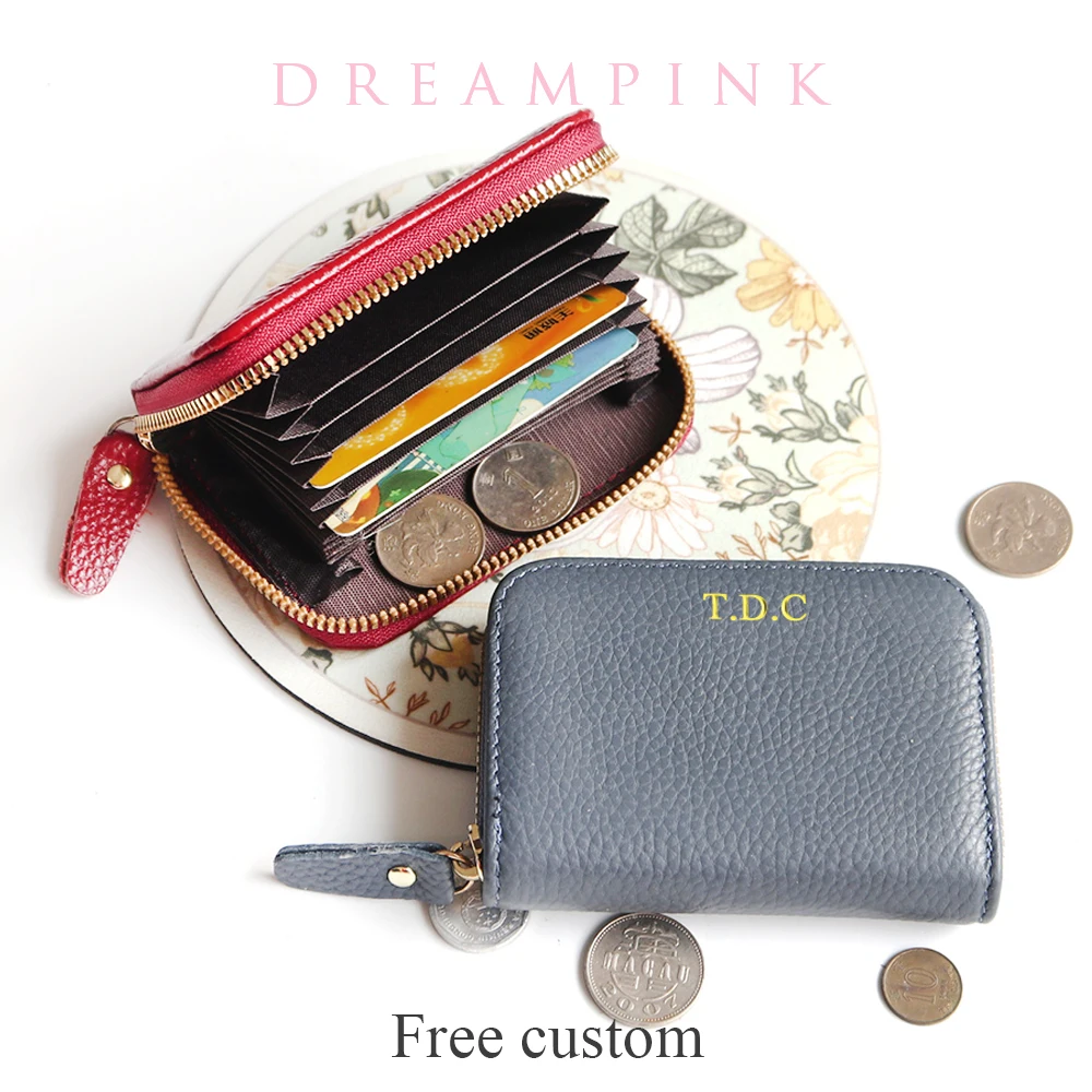 

Custom Initials Genuine Leather Card Wallet Real Cowhide Organ Credit Card Holders DIY Gift Personalize Letters Women Wallet