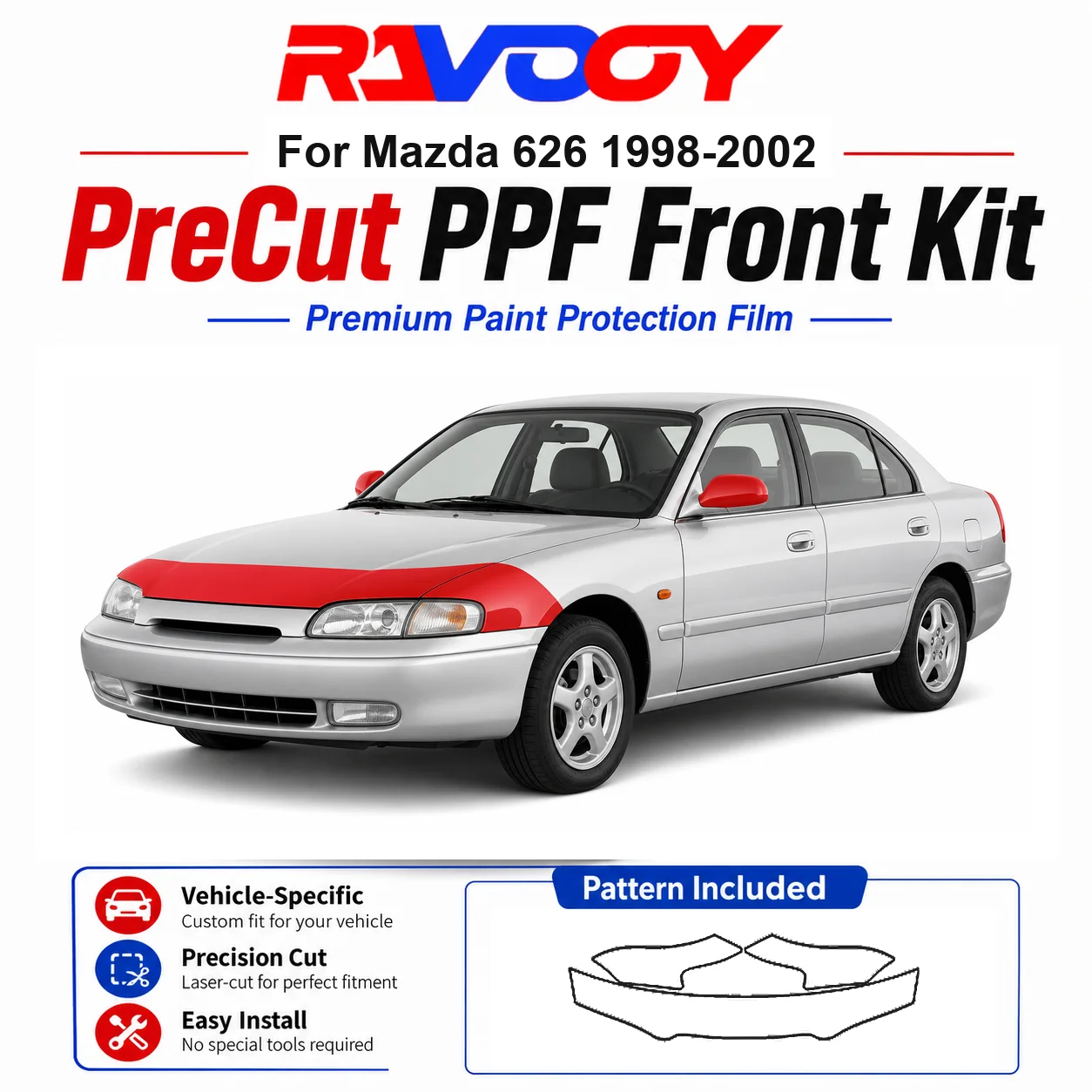 

8.5mil TPU Precut PPF Kit For Mazda 626 1998-2002 - Hood, Partial Fenders & Full Mirror Set - Self-Healing Gloss Clear Bra Film
