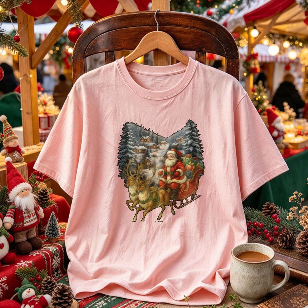 Vintage Santa Claus Reindeer Sleigh Winter Snowy Forest Scene Graphic T Shirt Retro Old Fashioned Christmas Casual Cotton Tees