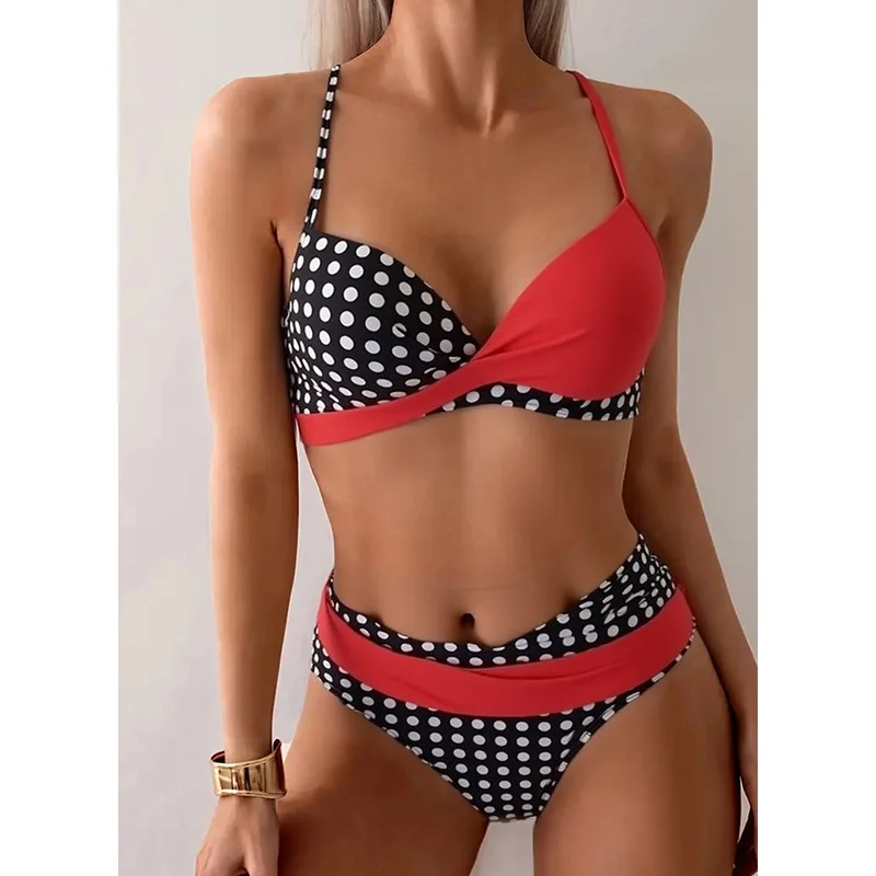 

Новый модный раздельный купальник 2026 года с цветными блоками и горошком, комплект из двух частей для пляжного отдыха и термальных источников, европейский летний тренд