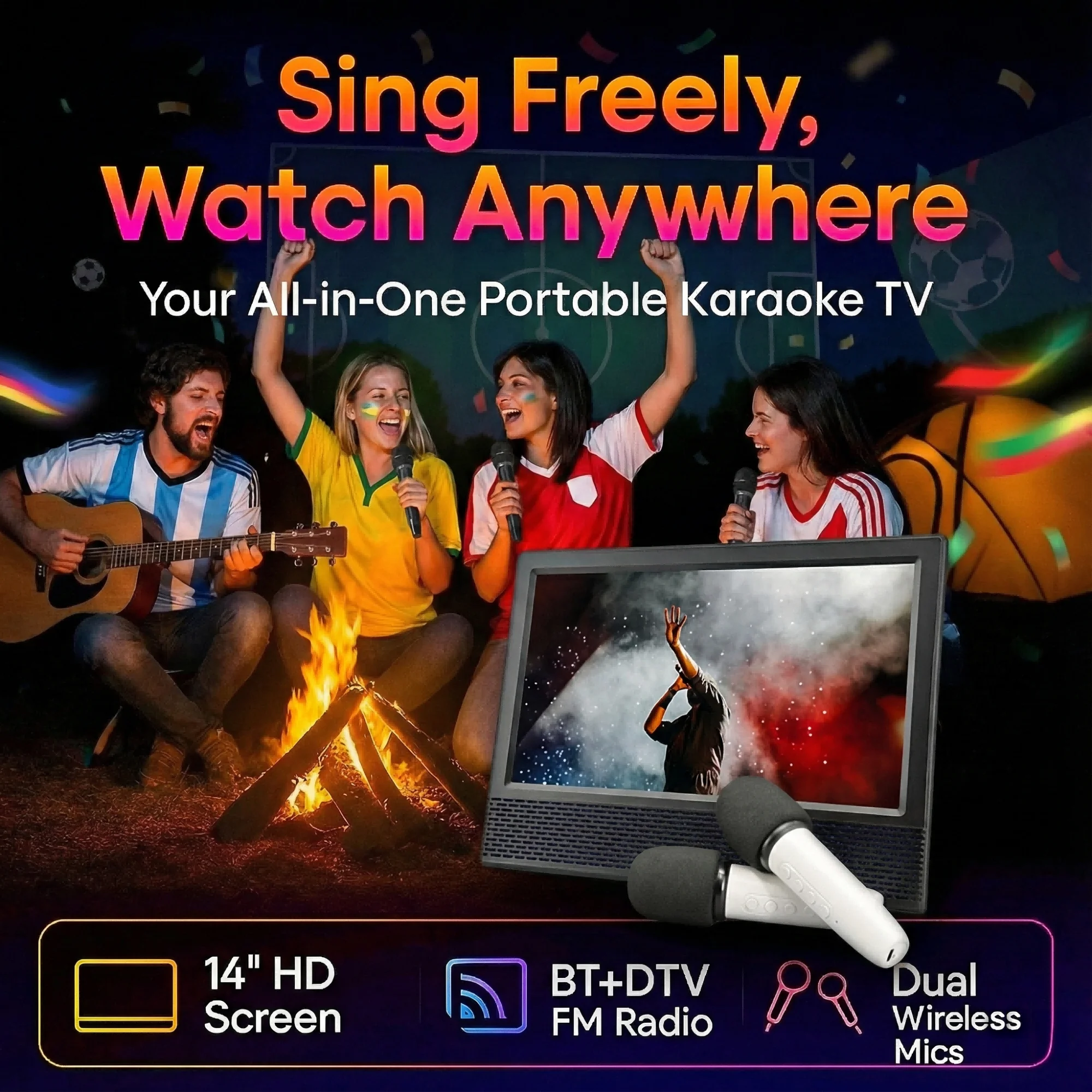 All-in-One Karaoke Machine 14" Karaoke Speaker TV 16:9 Professional Sound Quality Support MKV/MP4/AVI For Watch TV Camping