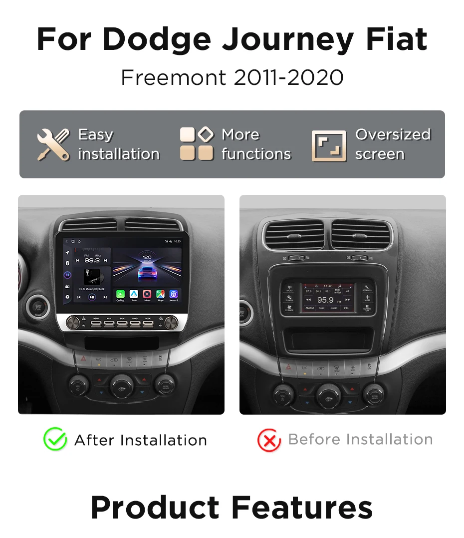 Junsun 10,1-Zoll-Autoradio für Dodge Journey für Fiat Freemont 2011-2020, kabelloses CarPlay, Android Auto, intelligente Systeme, IPS-Touchscreen mit physischen Tasten, DSP, GPS-Navigation, WLAN, DAB+, RDS, FM/RAM, BT, SWC, Plug-and-Play, 2DIN-Multimedia-Player – Detail 4