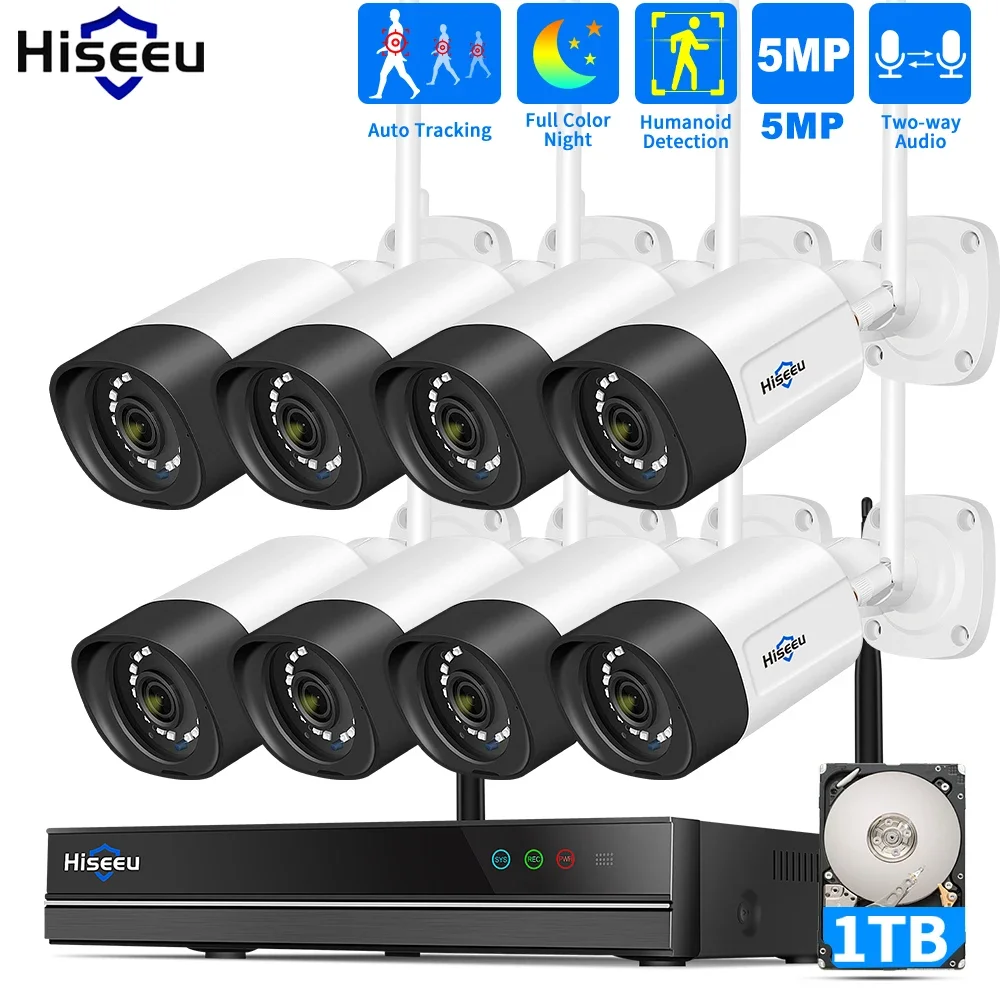 

Hiseeu 5MP Wifi Surveillance Camera System Color Night Vision P2P Wireless Street Security CCTV Camera Kit 10CH Wireless NVR Set