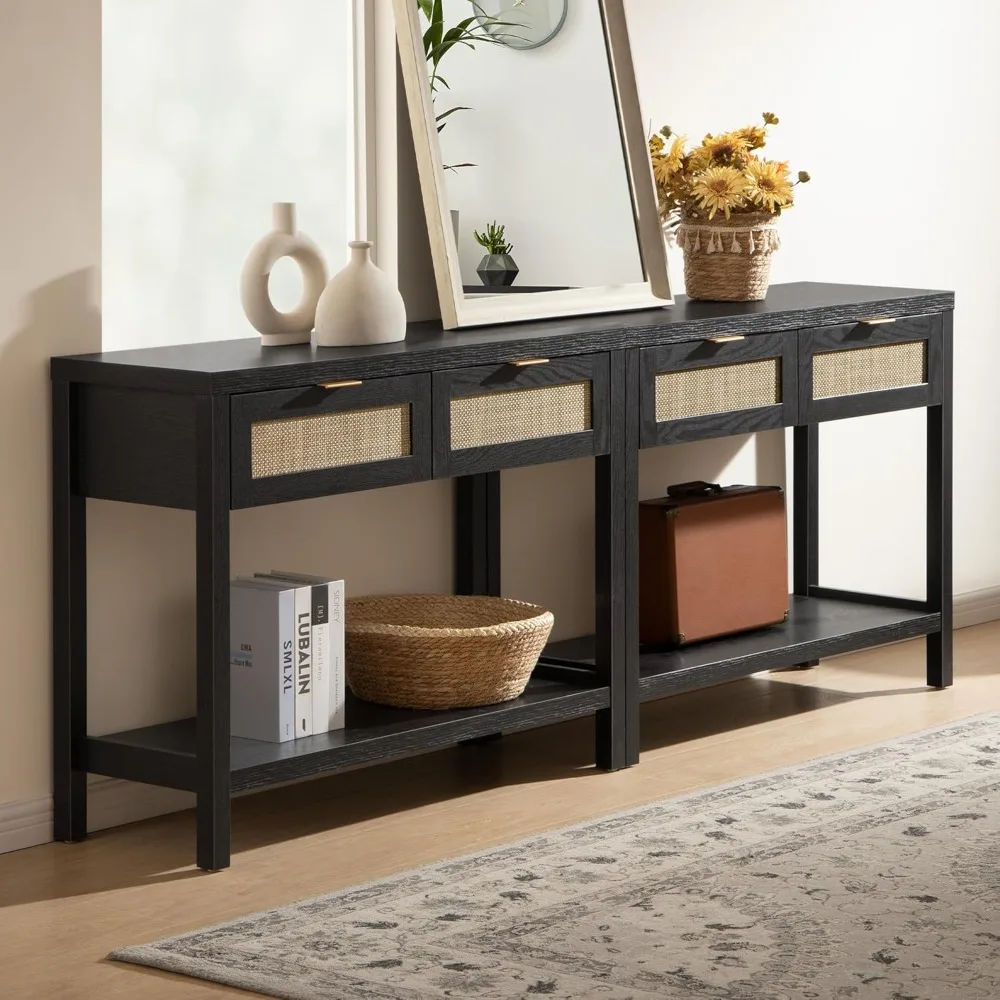 Black Console Table Set of 2 - Boho Entryway Table with Rattan Drawers, 2 Tier Shelf, Narrow Long Sofa Tables for Living