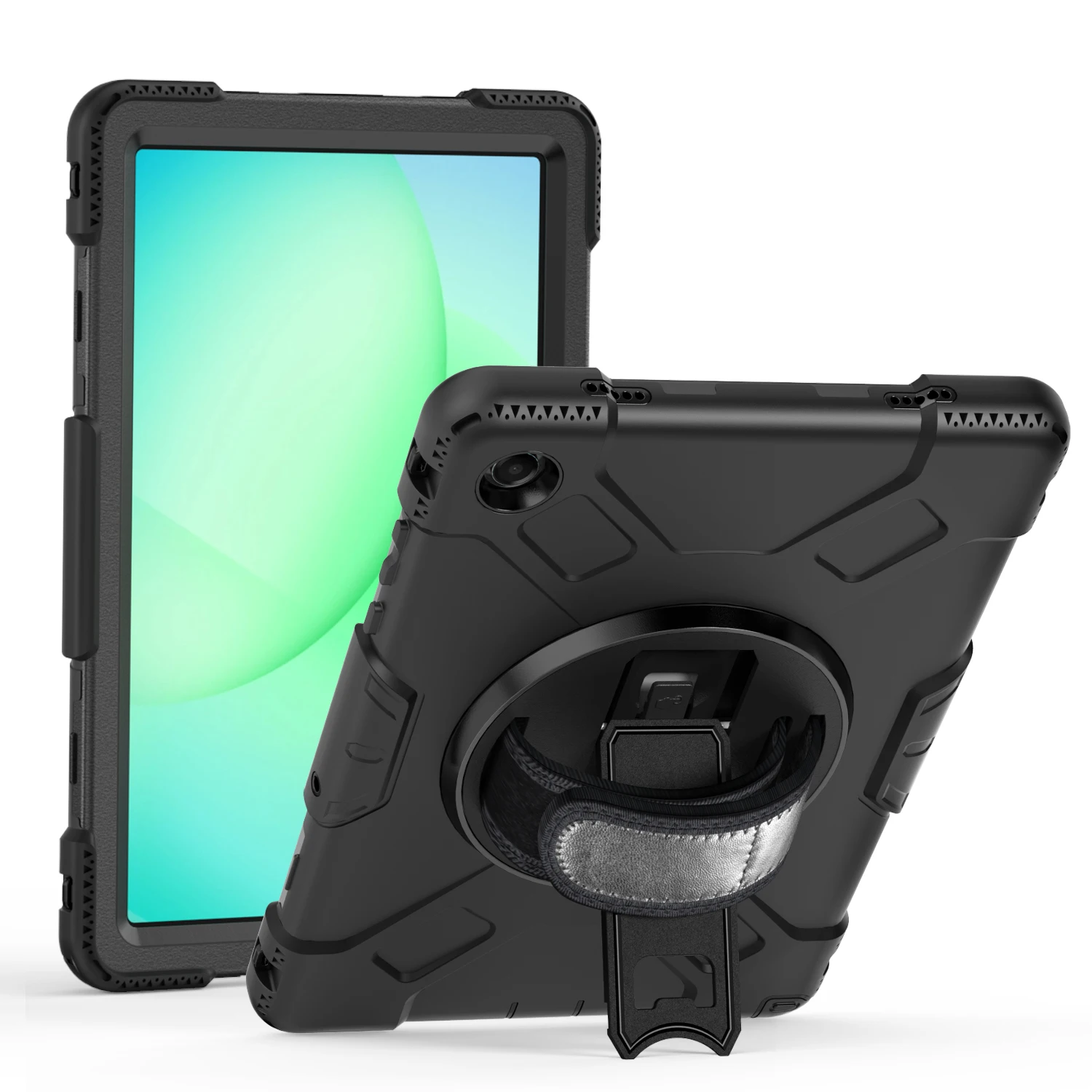 For Samsung Galaxy Tab A11+ Case Kickstand PC + Silicone Tablet Cover with Shoulder Strap - Black