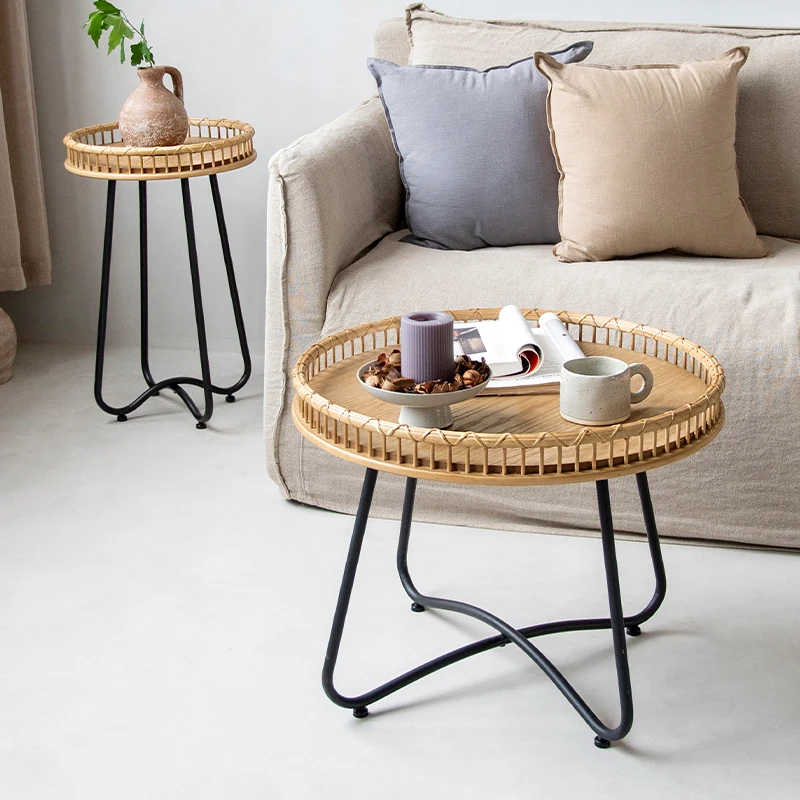 Southeast Asian style wood rattan round small coffee table Nordic end table for living room home furniture sofa side table