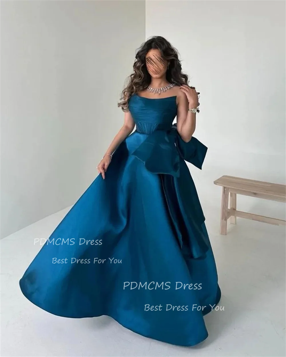 

Classic Satin Peacock Blue A Line Evening Party Dresses فساتين سهرة A-Line Pleated Saudi Arabia Celebrity Prom Dresses for Women