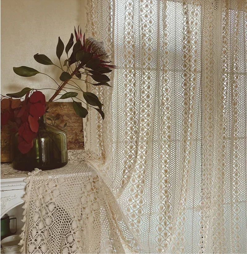 Boho Curtains for Living Room Vintage Handmade Crochet Farmhouse Hollow Out Knitting Lace Rod Light Filtering Drapes Bedroom