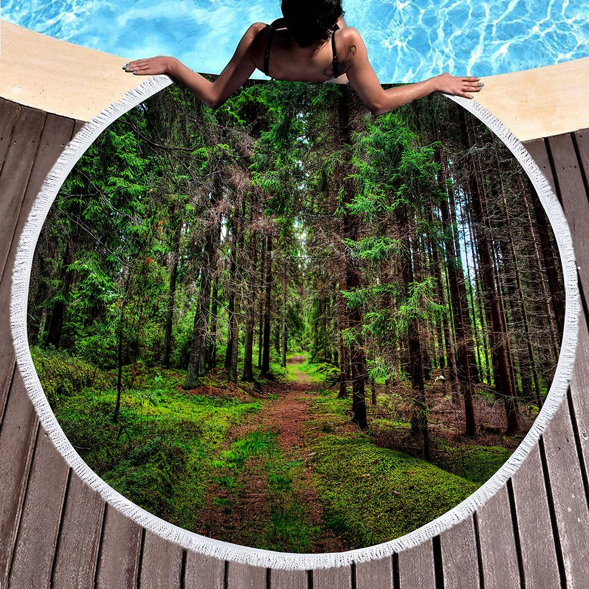 Large Round Beach Towel Secluded Forest Polyester Anti-Sand Beach Blanket Absorbent Quick Dry Pool Towel Portable Picnic Mat