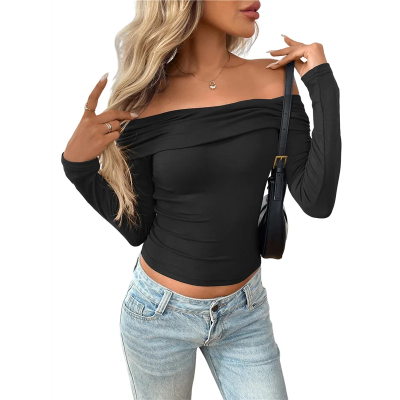 

AOAO-Womens Long Sleeve Off Shoulder Shirts Tight Fitted Y2K Ruched Tee Tops Blouses 2025 Trendy Outfits