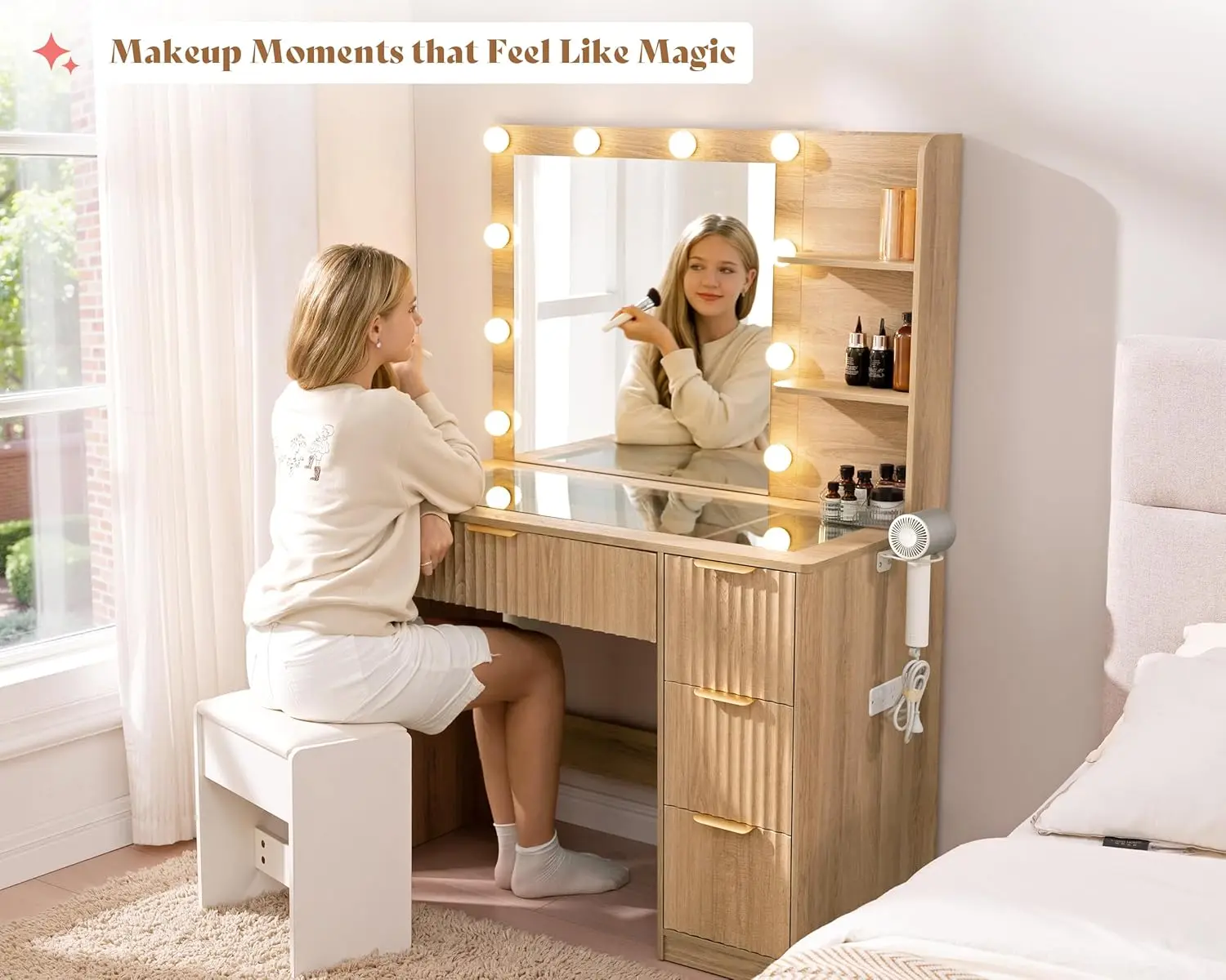 Natural Oak Fluted Vanity Desk with Glass Top for Bedroom or Dorm, Adjustable LED Lights & Charging Station view 4
