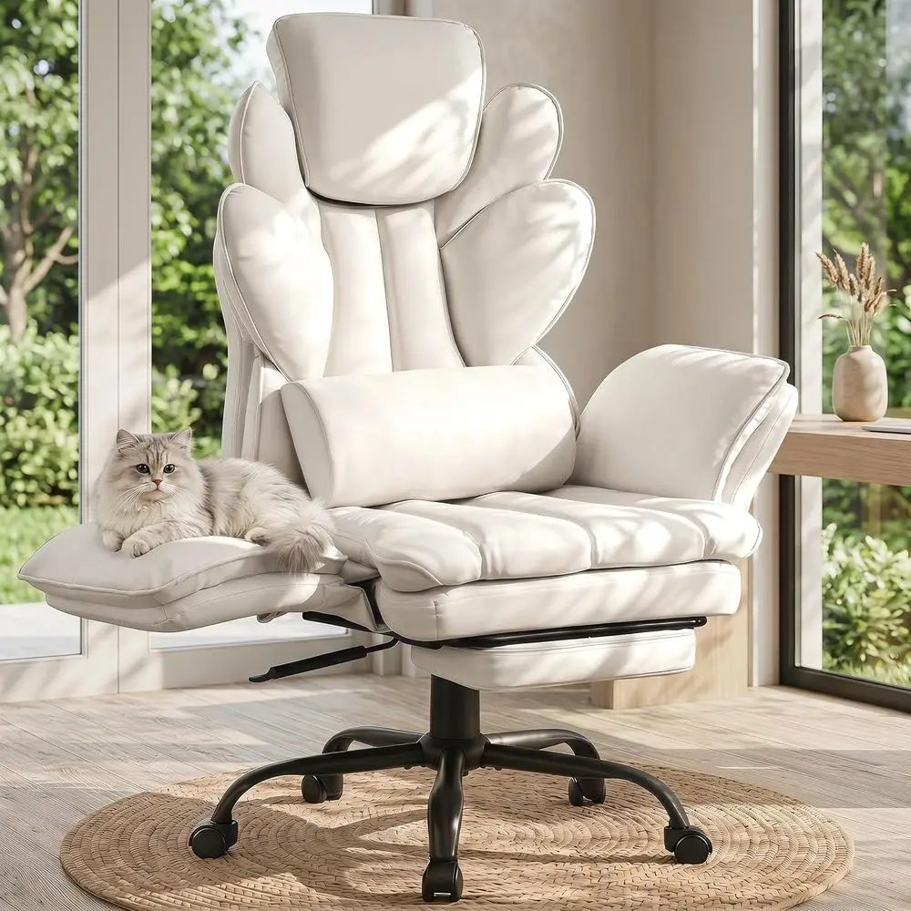 White Leather Reclining Office Chair with Footrest, Adjustable Seat, Massage Pillow, and Wide Seat for Big and Tall