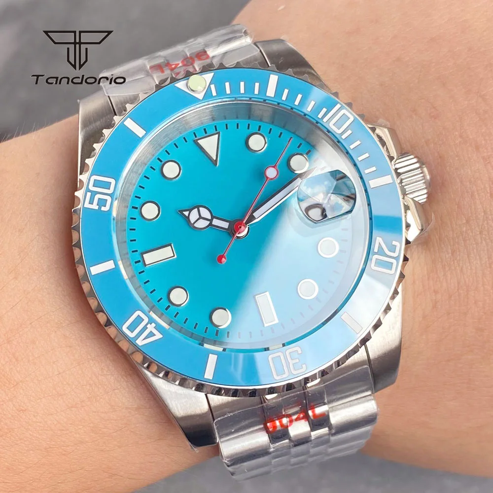 Tandorio NH35 Blue Dial Steel Mechanical 40mm Automatic Watch Date Ceramic Bezel Men's Wristwatch Luminous