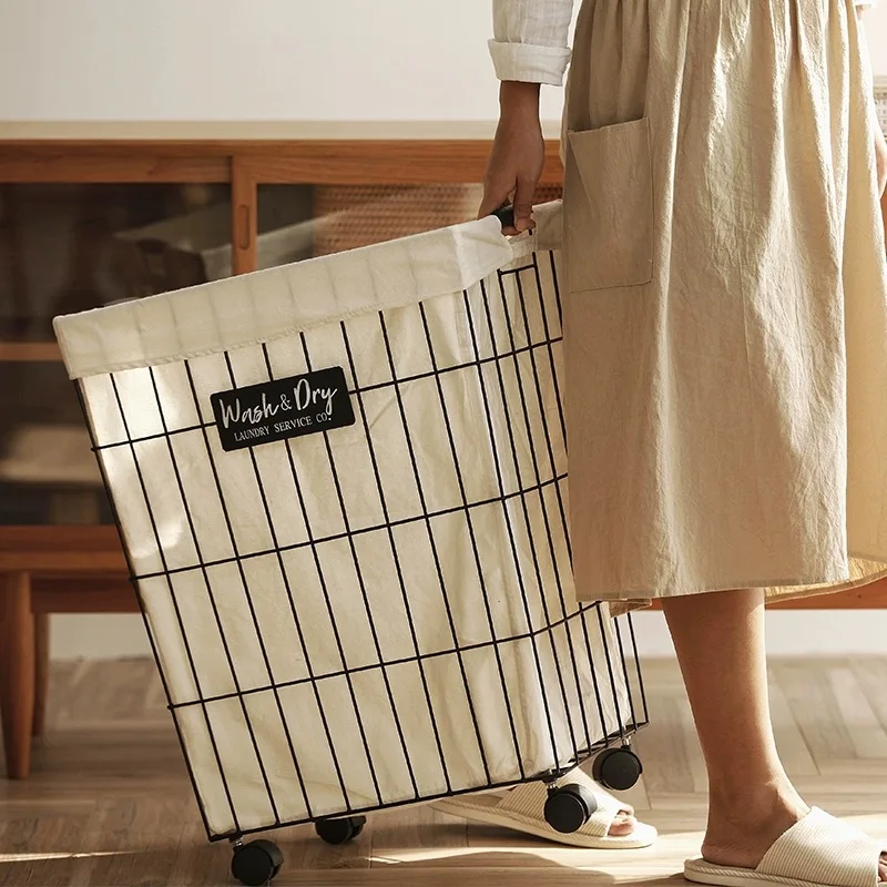 Cotton-linen fabric liner Large Metal Iron Laundry Basket with Wheels