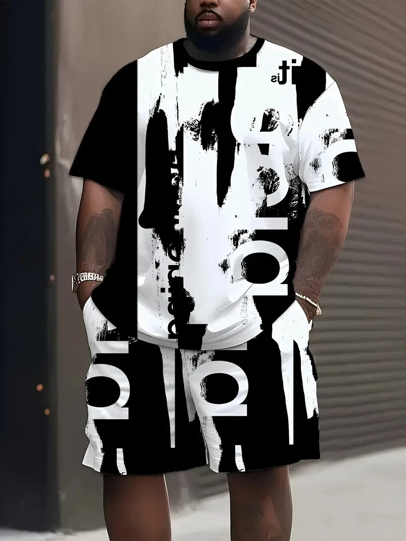 Letter Graphic Print Short Sleeve Top Elastic Waist Shorts 2-piece Set 2025 Summer Casual Loose Men's T-shirts Pocket Shorts Set