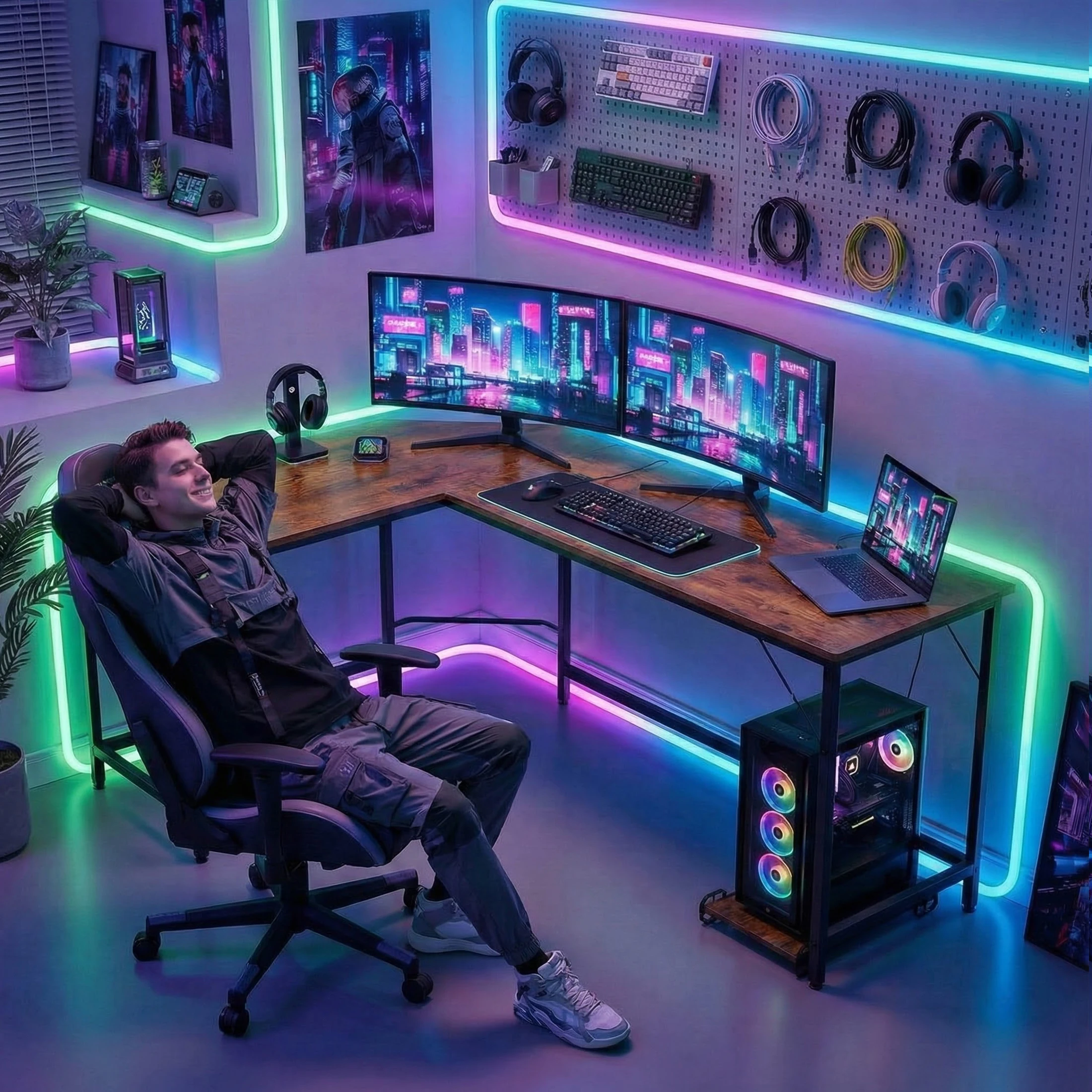 JHK 66 Zoll L-förmiger Eck-Computertisch, großer Gaming-Bürotisch mit Eisenhaken und CPU-Ständer für Home-Office, Studium und Schreibarbeitsplatz