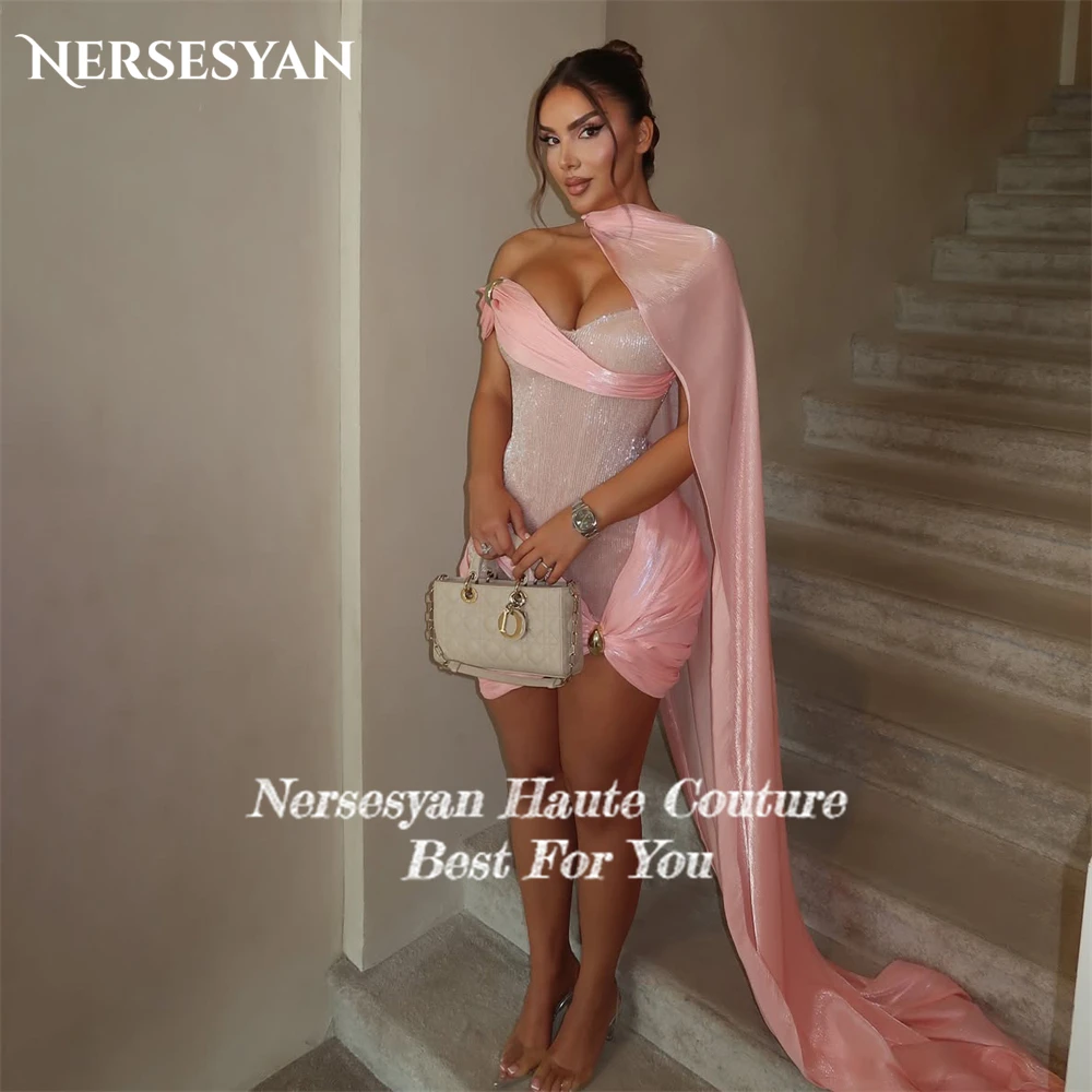 Nersesyan Blush rose paillettes robes de soirée de Cocktail paillettes épaules dénudées Mini plis robes de bal dos nu robe de luxe personnalisée