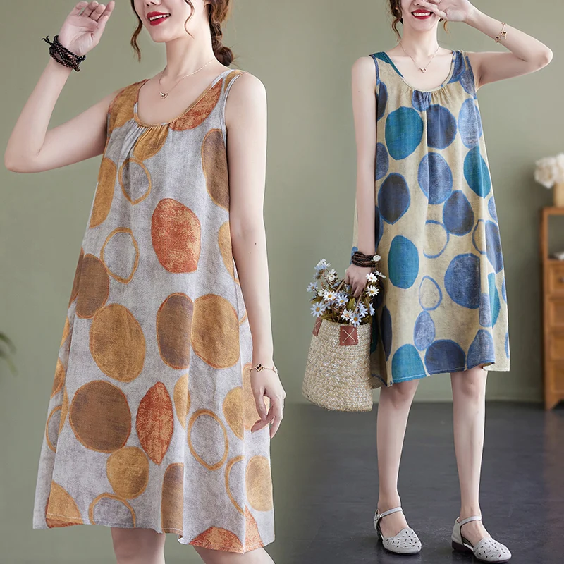 

Летнее платье больших размеров, женская свободная юбка трапециевидной формы, круглый хлопковый льняной жилет с принтом Ne, удобный дышащий