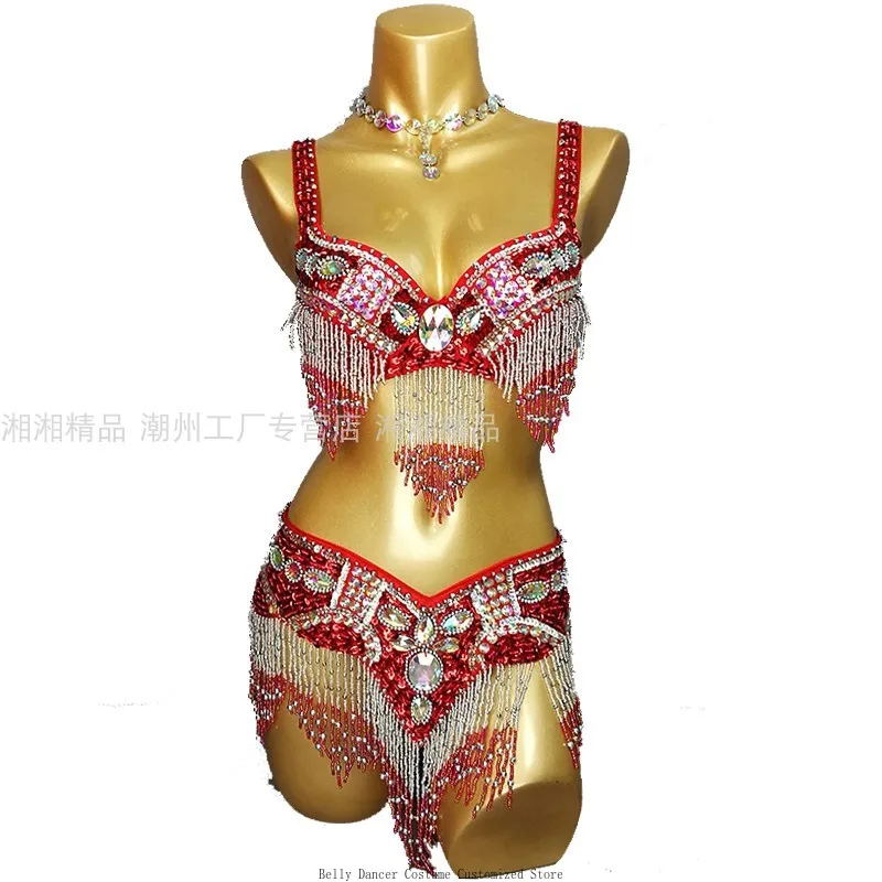 Customized Sexy Adult Belly Dance Performance Uniform Handmade Sequin Set Bellydance Costume Samba Carnival Costumes Bra Belt