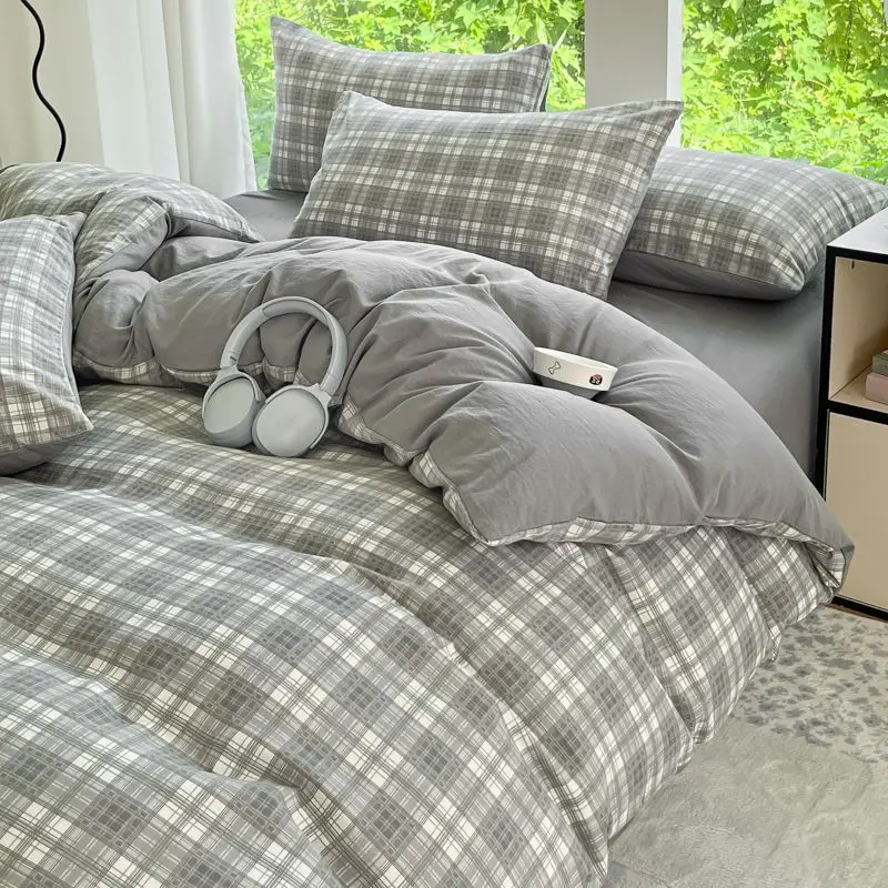 Premium A-Class Ultra-Soft Washed Cotton 3/4 Piece Bedding Set, Ins Grid Style, Fitted Sheet, Nursery & Dorm