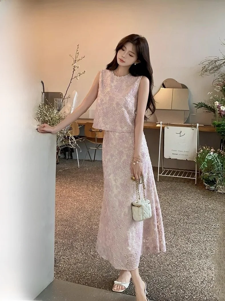 

Комплект из двух предметов: Жилет и юбка с ручной вышивкой (розово-фиолетовый), весна-лето, хлопковая смесь, модный костюм от HUANG ZUO ZUO