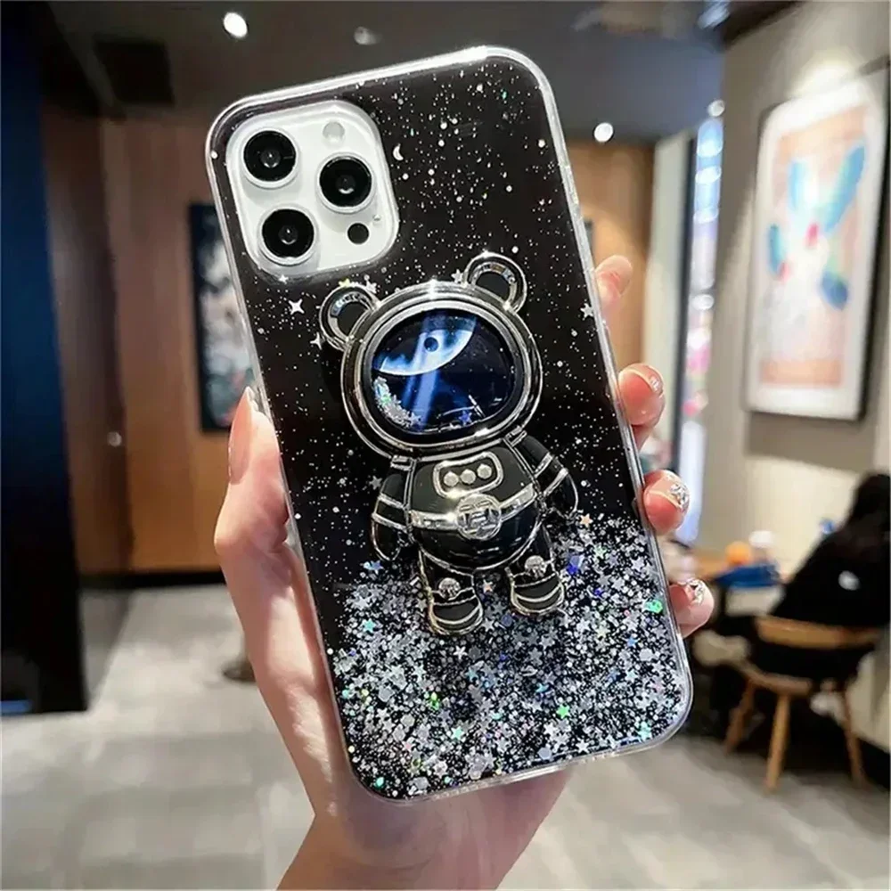 Glitter Silver Foil Bling Case For Samsung Galaxy A15 A05 A05S A14 A24 A34 A54 5G Silicon Cover With Astronaut Bear Stand Holder