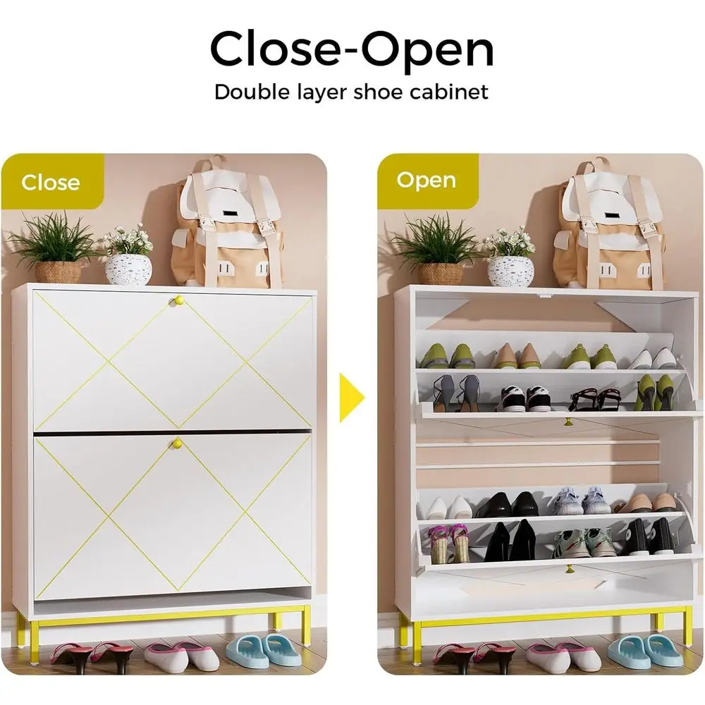 خزانة أحذية بيضاء قائمة بذاتها مكونة من 4 طبقات مع درجين، ودعم ساق معدنية لتخزين البهو والممر
