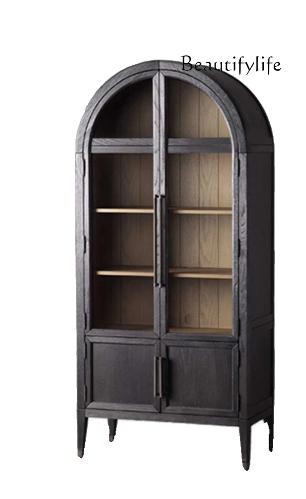 

American light luxury solid wood Nordic side cabinet black arched glass door decorative French retro wine cabinet