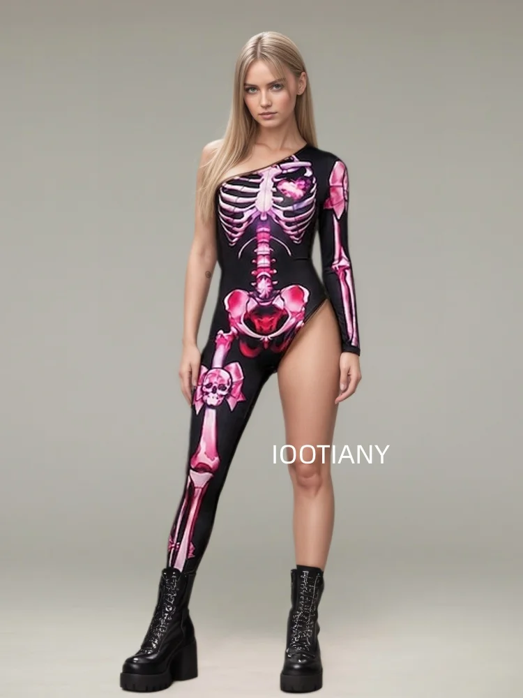 Gotischer Halloween-Skelett-Print-Bodysuit für Damen, One-Shoulder, einlanger Ärmel, asymmetrischer, enger Jumpsuit, Bühnen-Rave-Outfit – Detail 14