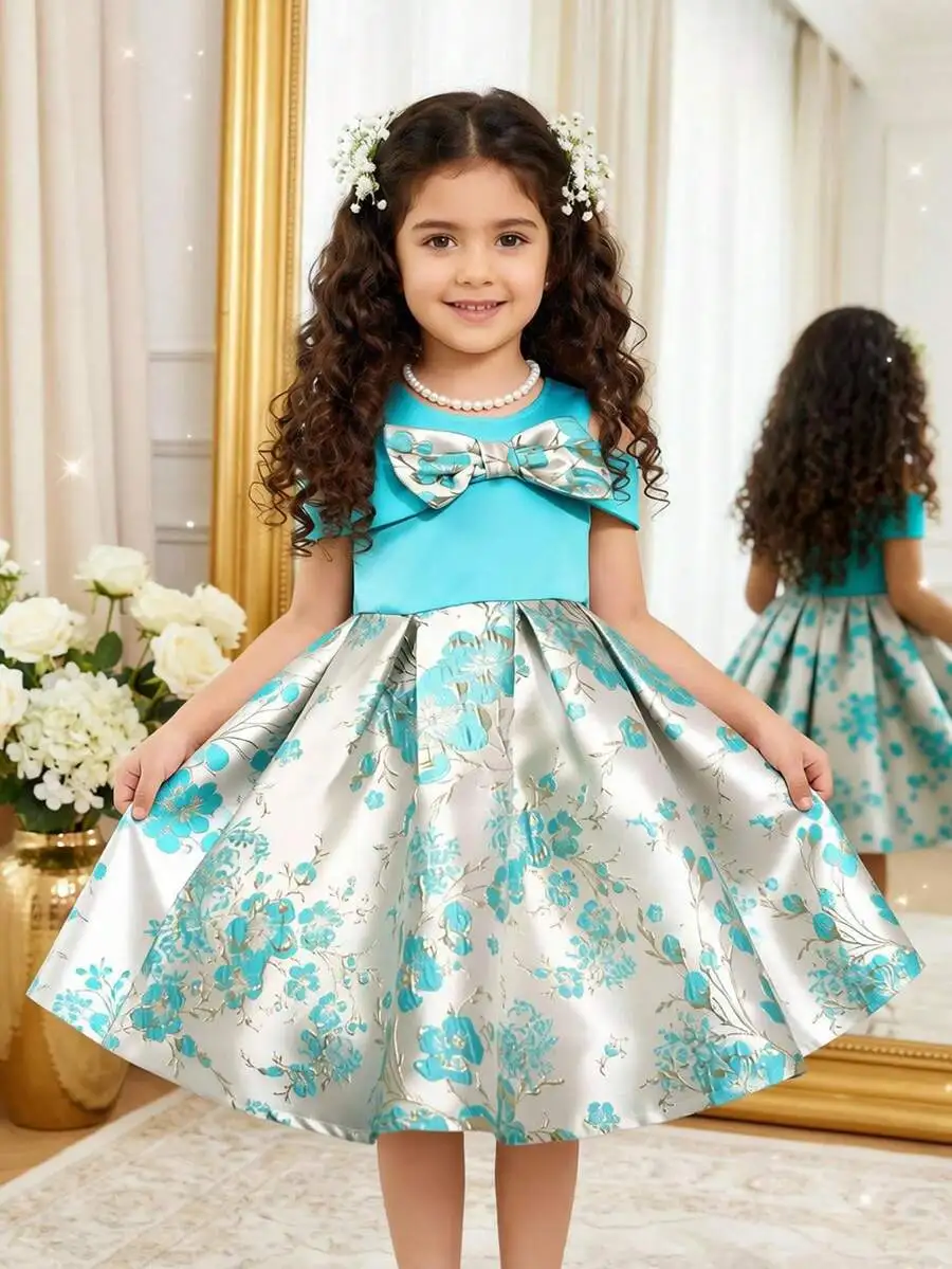 

Elegant Teal Floral Ball Gown With Bow Detail Satin A-Line Evening Dress