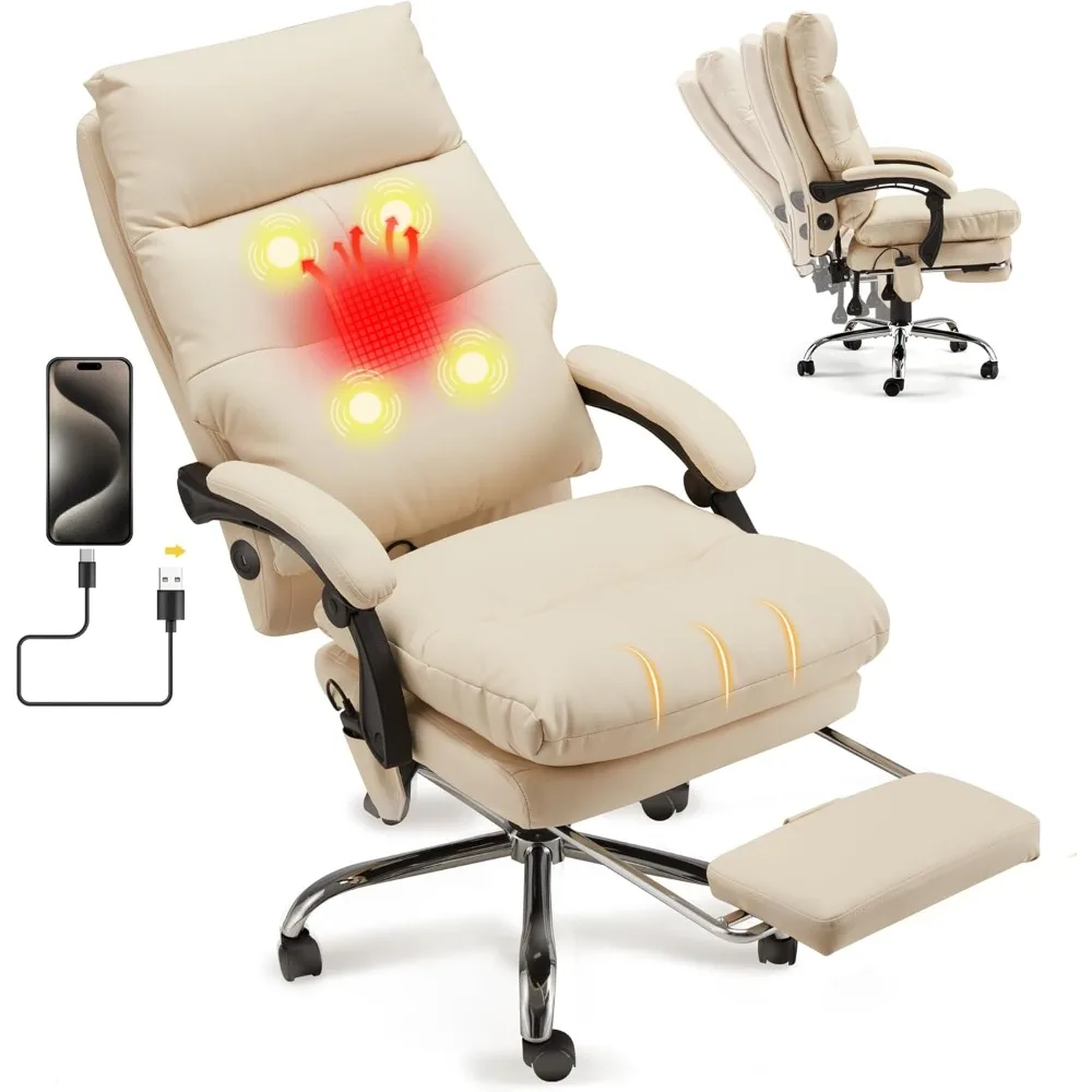 Silla de oficina ejecutiva, sillas de oficina reclinables de cuero PU con USB y masaje, silla de oficina ergonómica calentada con reposapiés para