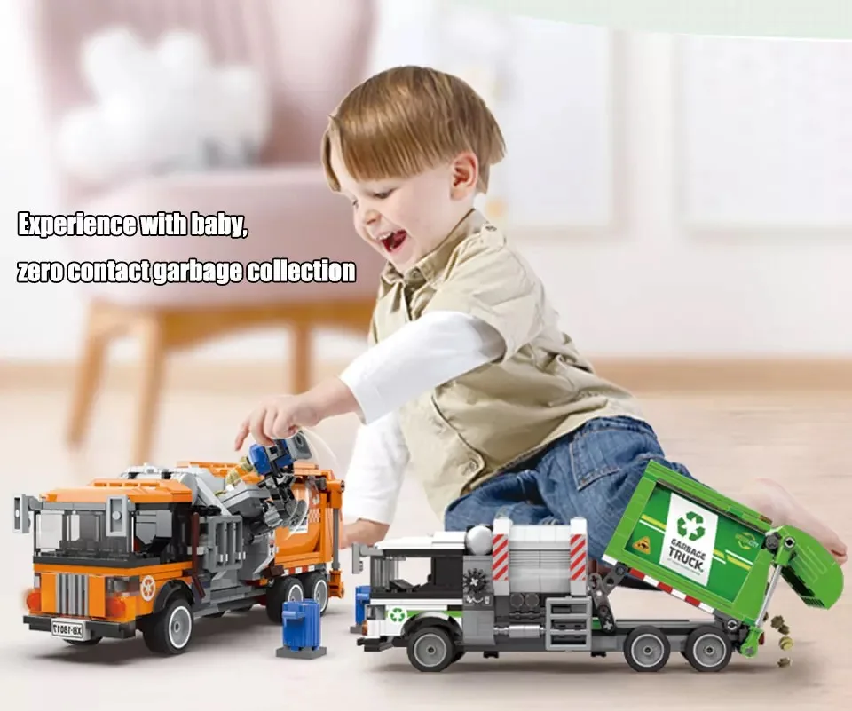 City Technical Sanitation Garbage Truck Car Vehicle Building Blocks MOC Cleaning Car Model Assemble Bricks Toy For Kids