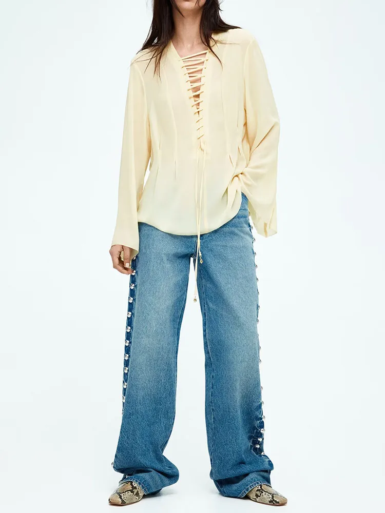 2025년 여름 신상 여성 긴팔 셔츠 루즈핏 쉬폰 와이드 웨이스트 디자인 브이넥 단색 출퇴근 스타일 탑