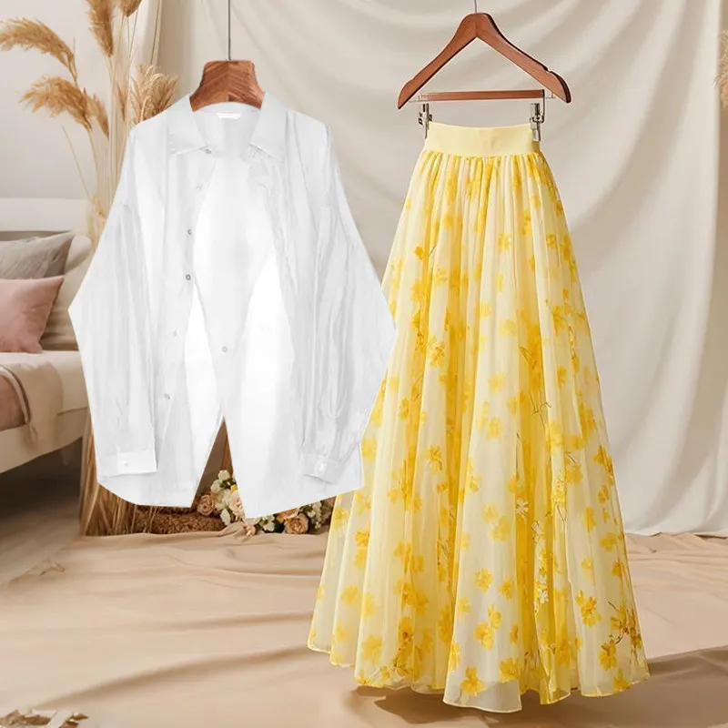 

Summer Lazy Sle Women's Suit Ba Split Sun Protection irt Floral Print Slimming f Skirt Casual Faion Set High Waist