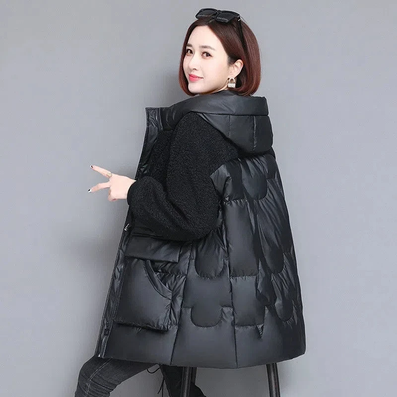 Winter Stitching Faux Lamb Wool Jacket Women\'s 4XL Fashion New Thicken Cotton Hooded Coat Mid-length Warm Female Parkas Outwear