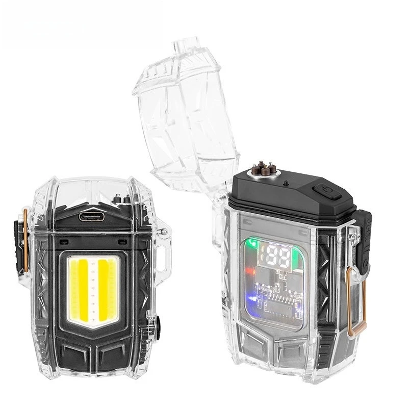 Transparent Mecha Waterproof Windproof Pulse Double Arc Electric Lighter Type C Rechargeable with Light Outdoor Camping Tools