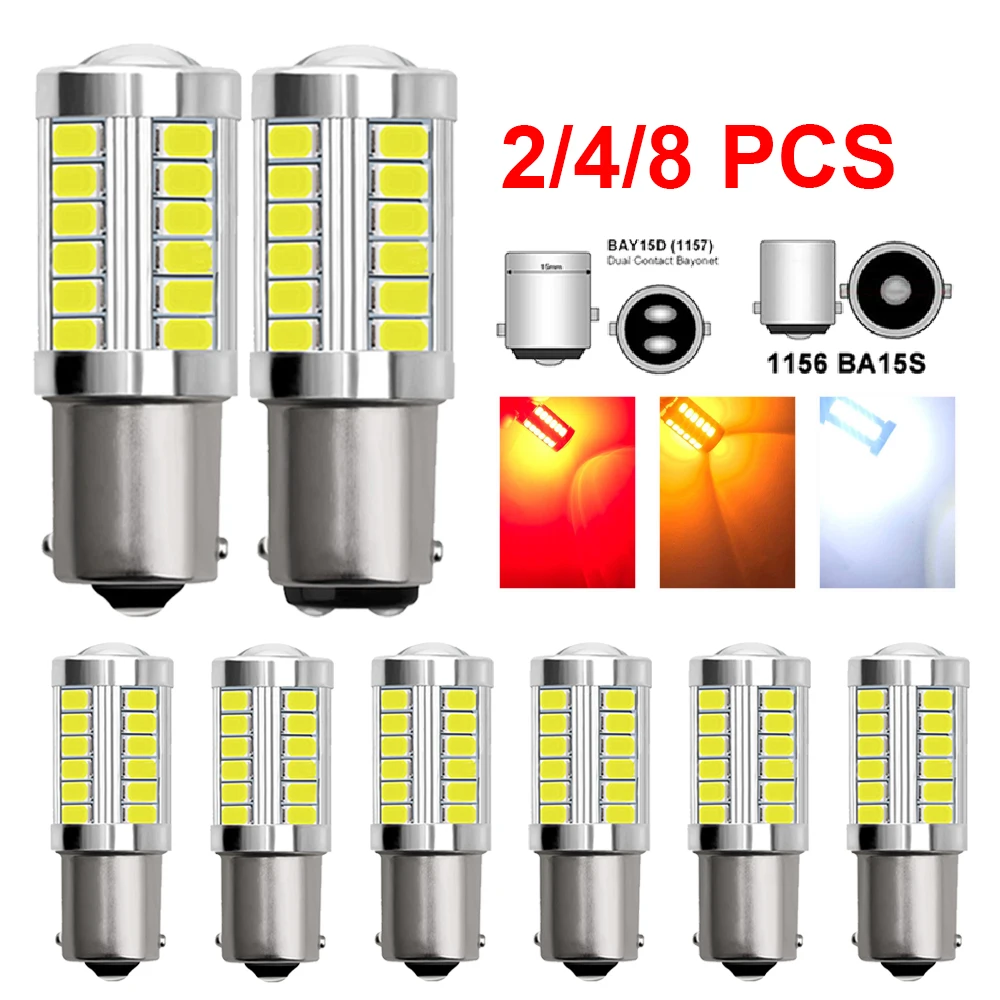 2/4/8 PCS P21W Ba15s 1156 Bay15d 1157 LED Bulb Turn Signal Lights DRL Fog Tail Brake Reverse Parking Lamps 12V 33SMD 7000K White