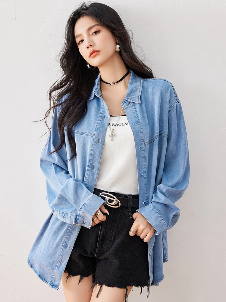 2024 New Vintage Denim Shirts Women's Fashionable Commuting Long Sleeve Denim Blouse Tops Female Casual Simple Outwear