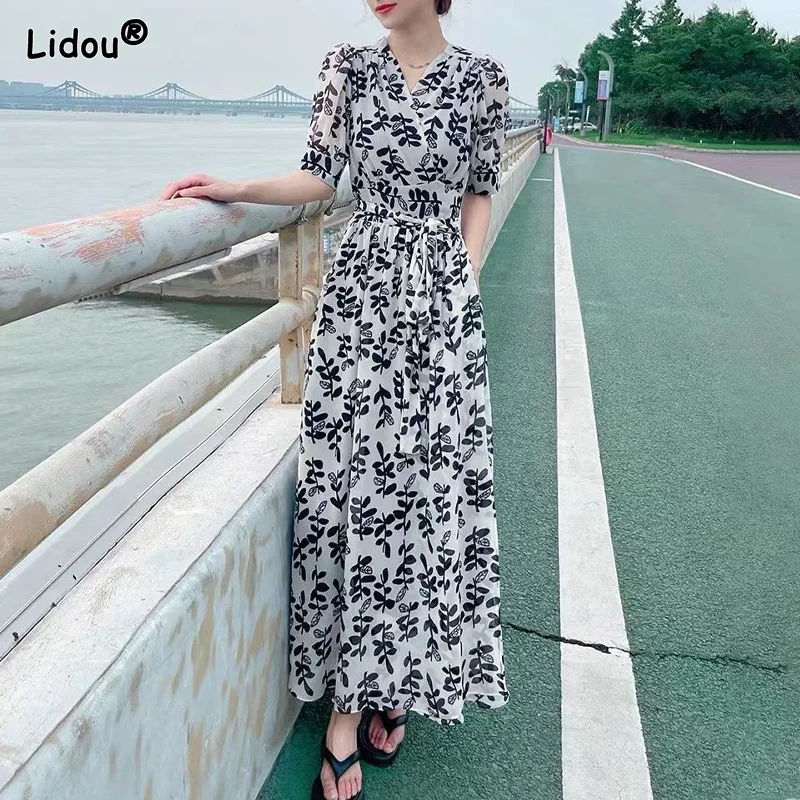 

V-neck Office Lady Summer Short Sleeve Empire Slender A-line Skirt Floral Print Popularity Dress Young Style Women's Clothing