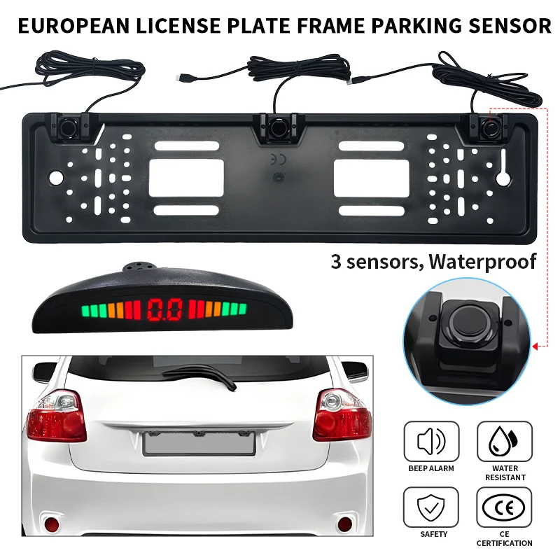 European License Plate Bracket Parking Sensor 3-Probe Reversing Radar 12V Buzzer Waterproof Probes Car Parking Assistance