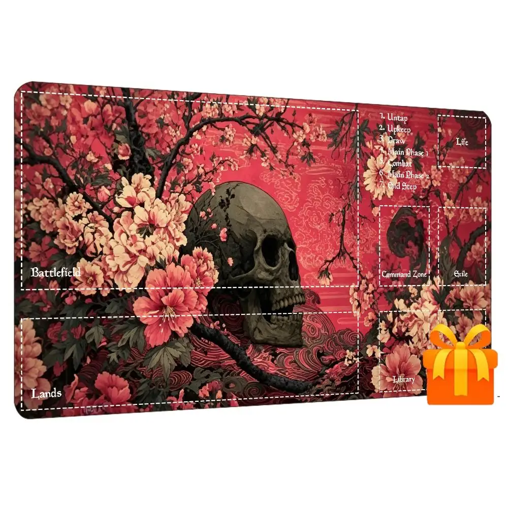 Gothic Dark Skull Cherry Blossom Floral Game Play Mat Smooth Thick Rubber Base For Card Tabletop Gaming And Computer Desk Setup