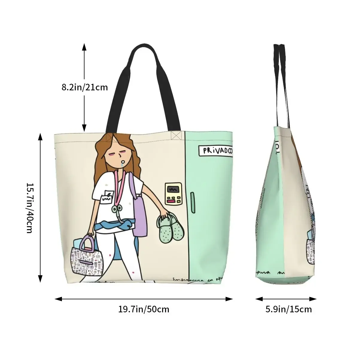 Fashion Cartoon Nurse Enfermera En Apuros Shopping Tote Bag Reusable Health Care Nursing Groceries Canvas Shoulder Shopper Bag