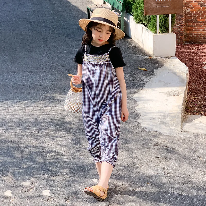 2024 Summer Korean Children Girl 2PCS Clothes Set School Girl Edge Curl T-shirt+Plaid Suspender Pants Students Clothes Sets