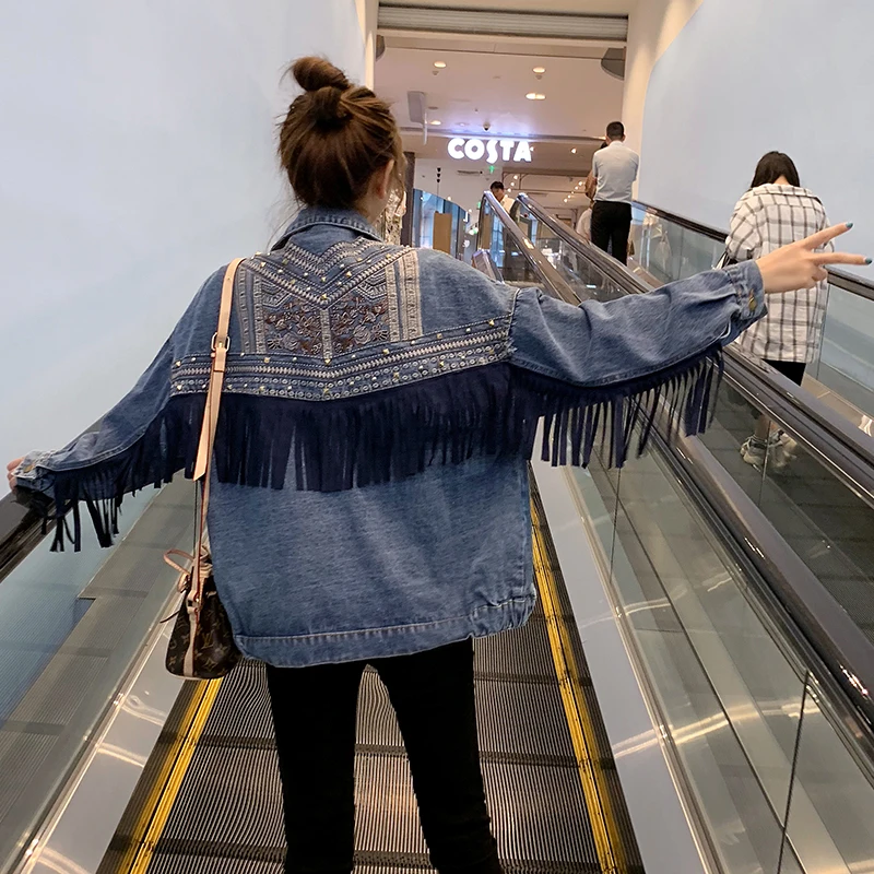 Autumn Winter Jackets Coat Outwear Female Heavy Industry Fringe Denim Jacket Women Embroidery Rivet Long Sleeve Casual Jacket