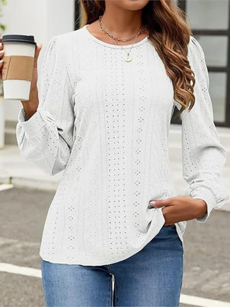 

Retro Women's Tops 2024 Round Neck Loose Casual Lantern Sleeve T-Shirt & Blouse Autumn White Top Women Long Sleeves