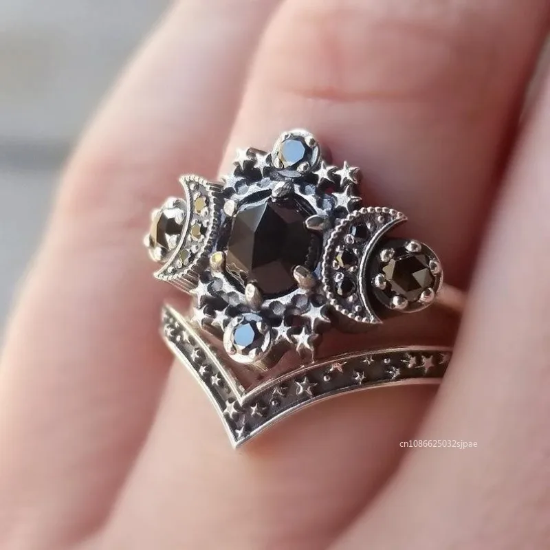 Gothic Cosmic Moon Goddess Engagement Ring Vintage Pentagram Black Party Vacation Jewelry Simple Style Natural Elements Rings